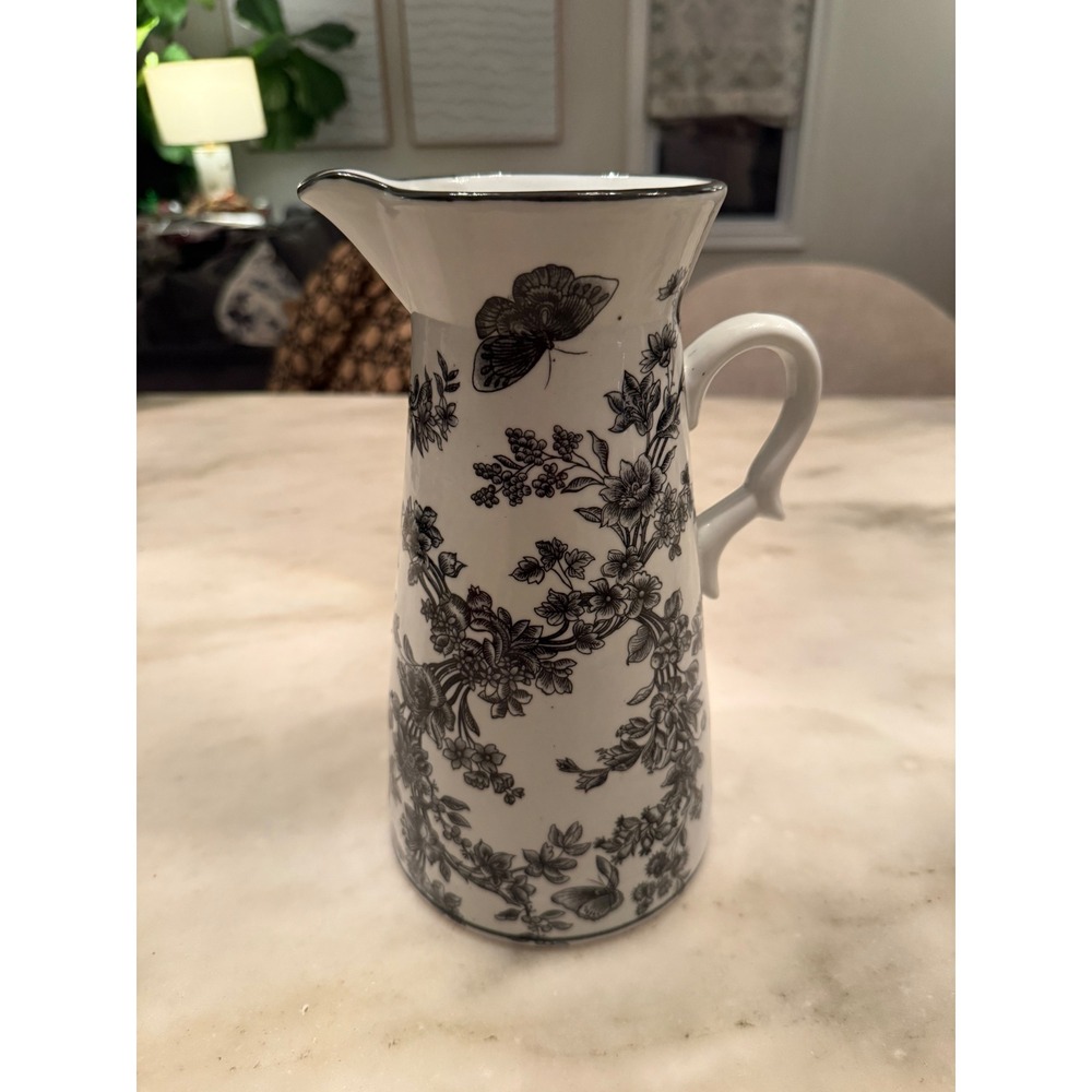 White and Black Floral Butterfly Ceramic Pitcher Toile Style Decorative Vase